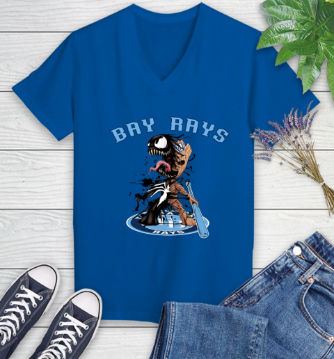 MLB Tampa Bay Rays Baseball Venom Groot Guardians Of The Galaxy Women's V-Neck T-Shirt 10