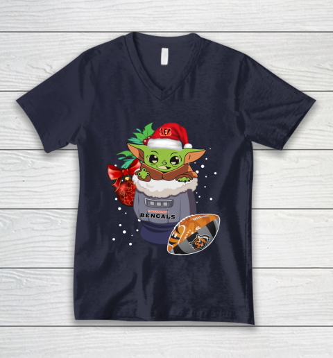 Cincinnati Bengals Christmas Baby Yoda Star Wars Funny Happy NFL V-Neck T-Shirt 3