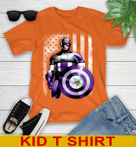 Minnesota Vikings NFL Football Captain America Marvel Avengers American Flag Shirt Youth T-Shirt 8