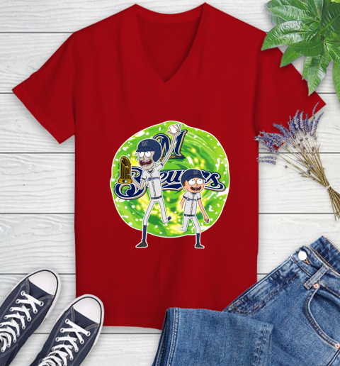 MLB Milwaukee Brewers Rick And Morty Commissioner's Trophy Baseball Sports Women's V-Neck T-Shirt 12