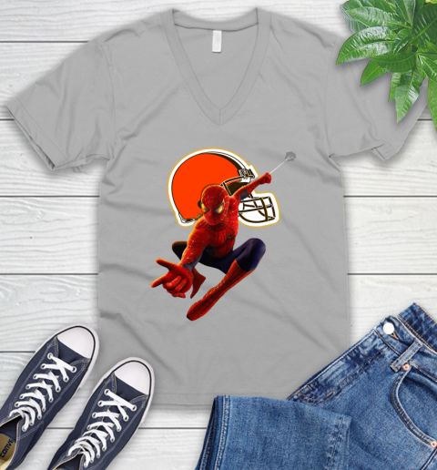 NFL Spider Man Avengers Endgame Football Cleveland Browns V-Neck T-Shirt 4