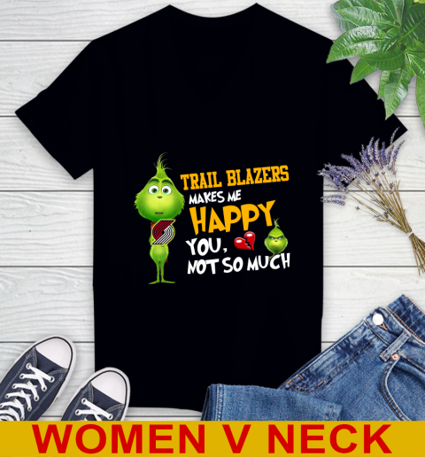 NBA Portland Trail Blazers Makes Me Happy You Not So Much Grinch Basketball Sports Women's V-Neck T-Shirt