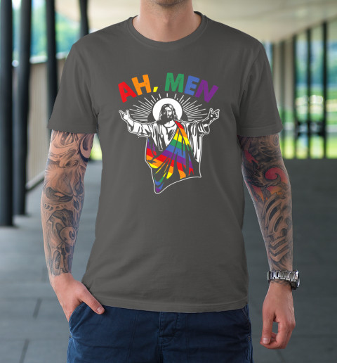 Ah Men Funny LGBT Gay Pride Jesus Rainbow Flag Christian T-Shirt 6