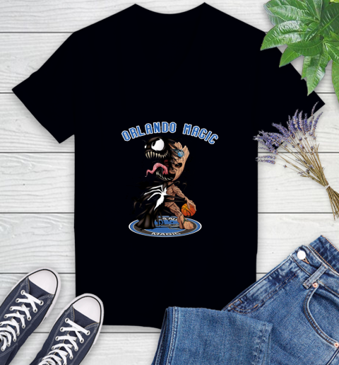 NBA Orlando Magic Basketball Venom Groot Guardians Of The Galaxy Women's V-Neck T-Shirt 2