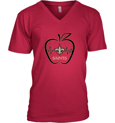 Apple Heartbeat Teacher Symbol New Orleans Saints V-Neck T-Shirt 