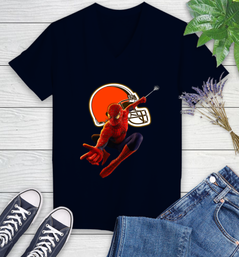 NFL Spider Man Avengers Endgame Football Cleveland Browns Women's V-Neck T-Shirt 3