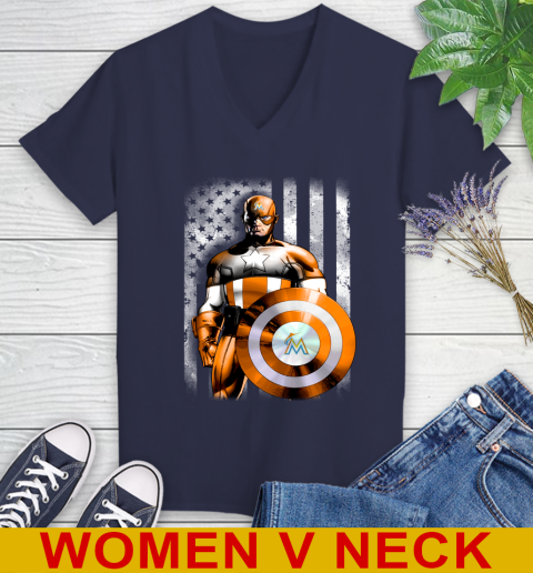 Miami Marlins MLB Baseball Captain America Marvel Avengers American Flag Shirt Women's V-Neck T-Shirt 12