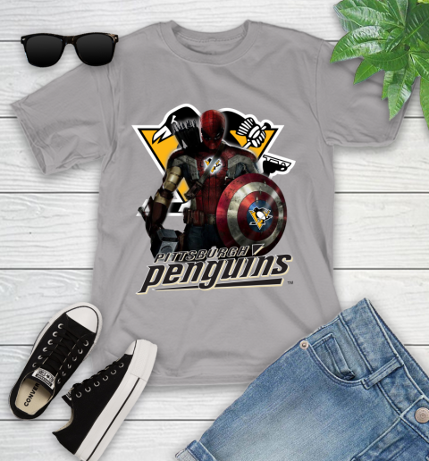 NHL Captain America Thor Spider Man Hawkeye Avengers Endgame Hockey Pittsburgh Penguins Youth T-Shirt 4