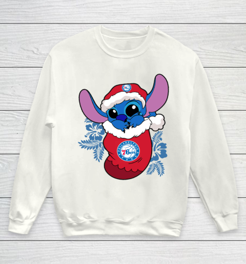 Philadelphia 76ers Christmas Stitch In The Sock Funny Disney NBA Youth Sweatshirt 2