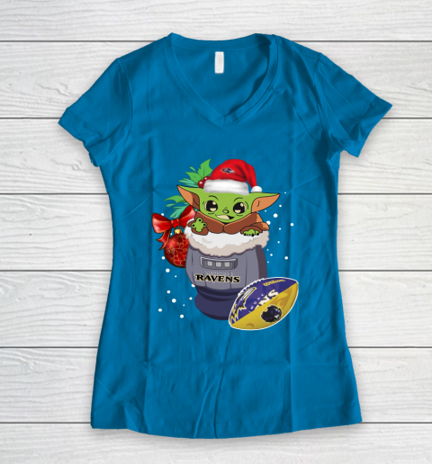 Baltimore Ravens Christmas Baby Yoda Star Wars Funny Happy NFL Women's V-Neck T-Shirt 7