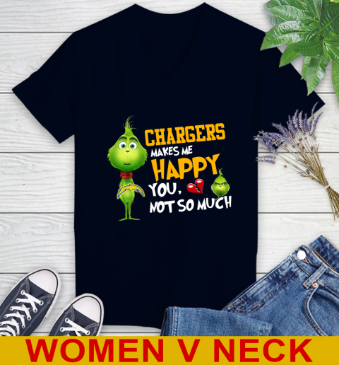 NFL Los Angeles Chargers Makes Me Happy You Not So Much Grinch Football Sports Women's V-Neck T-Shirt 2