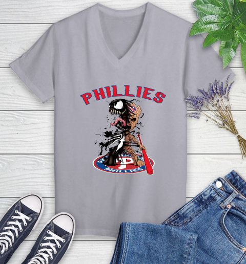 MLB Philadelphia Phillies Baseball Venom Groot Guardians Of The Galaxy Women's V-Neck T-Shirt 4