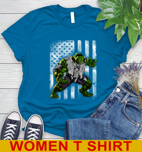 Brooklyn Nets Hulk Marvel Avengers NBA Basketball American Flag Women's T-Shirt 8