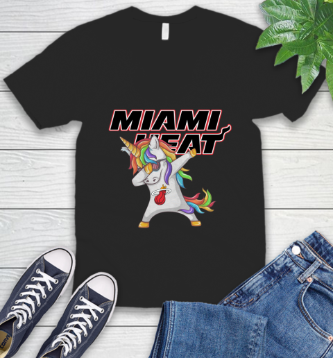 Miami Heat NBA Basketball Funny Unicorn Dabbing Sports V-Neck T-Shirt 2
