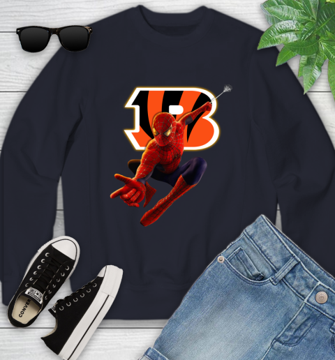 NFL Spider Man Avengers Endgame Football Cincinnati Bengals Youth Sweatshirt 4 NFL Spider Man Avengers Endgame Football Cincinnati Bengals Youth Sweatshirt - Image 4