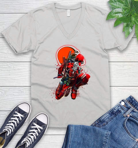 NFL Deadpool Marvel Comics Sports Football Cleveland Browns V-Neck T-Shirt