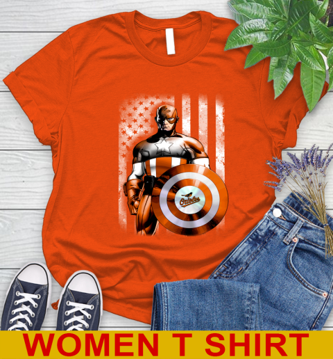 Baltimore Orioles MLB Baseball Captain America Marvel Avengers American Flag Shirt Women's T-Shirt 3