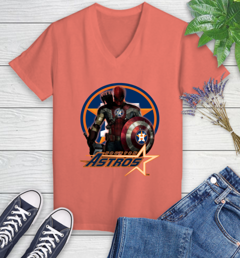 MLB Captain America Thor Spider Man Hawkeye Avengers Endgame Baseball Houston Astros Women's V-Neck T-Shirt 6