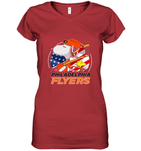 tdse philadelphia flyers snoopy and woodstock nhl women v neck t shirt 39 front red