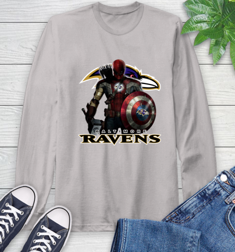 NFL Captain America Thor Spider Man Hawkeye Avengers Endgame Football Baltimore Ravens Long Sleeve T-Shirt 12