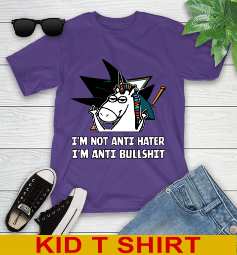 San Jose Sharks NHL Hockey Unicorn I'm Not Anti Hater I'm Anti Bullshit Youth T-Shirt 4
