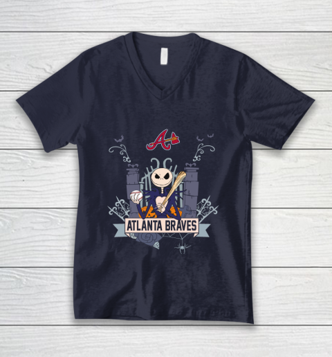 MLB Atlanta Braves Baseball Jack Skellington Halloween V-Neck T-Shirt 2