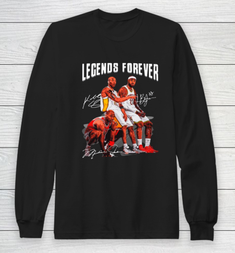 Kobe Bryant Lebron James And Michael Jordan Legends Forever Signatures Long Sleeve T-Shirt