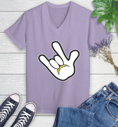 San Diego Chargers NFL Football Mickey Rock Hand Disney Women's V-Neck T-Shirt 14