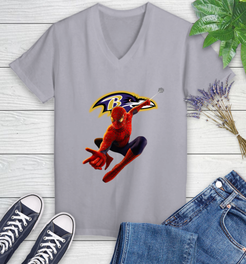 NFL Spider Man Avengers Endgame Football Baltimore Ravens Women's V-Neck T-Shirt 4