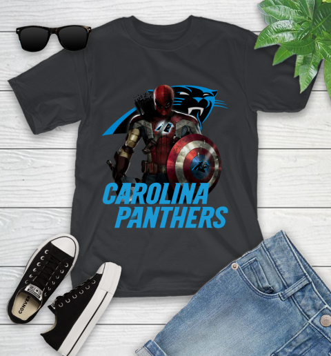 NFL Captain America Thor Spider Man Hawkeye Avengers Endgame Football Carolina Panthers Youth T-Shirt 2