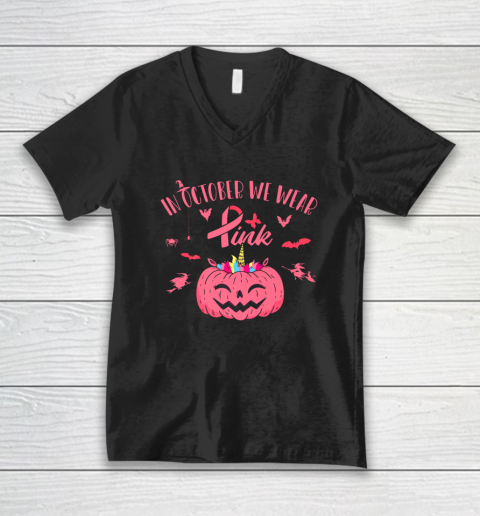 In October We Wear Pink Pumpkin Halloween Breast Cancer Gift V-Neck T-Shirt
