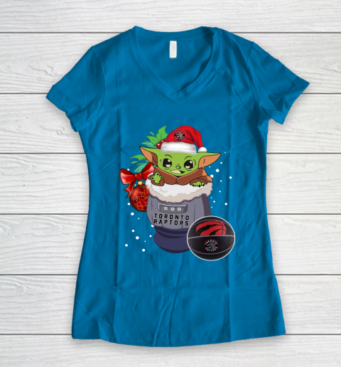 Toronto Raptors Christmas Baby Yoda Star Wars Funny Happy NBA Women's V-Neck T-Shirt 7