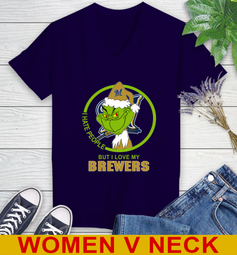 Milwaukee Brewers MLB Christmas Grinch I Hate People But I Love My Favorite Baseball Team Women's V-Neck T-Shirt 4