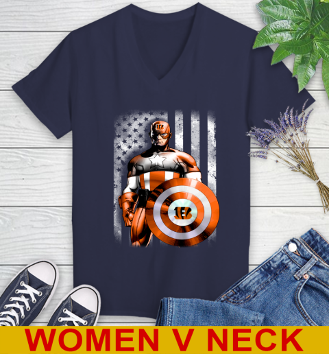 Cincinnati Bengals NFL Football Captain America Marvel Avengers American Flag Shirt Women's V-Neck T-Shirt 12