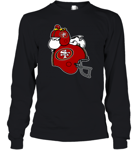 mq4p snoopy and woodstock resting on san francisco 49ers helmet youth long sleeve 50 front black