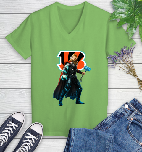NFL Thor Avengers Endgame Football Cincinnati Bengals Women's V-Neck T-Shirt 11