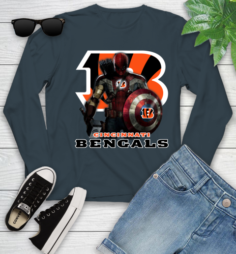 NFL Captain America Thor Spider Man Hawkeye Avengers Endgame Football Cincinnati Bengals Youth Long Sleeve 8