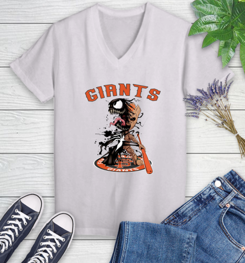 MLB San Francisco Giants Baseball Venom Groot Guardians Of The Galaxy Women's V-Neck T-Shirt