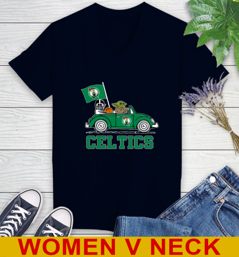 NBA Basketball Boston Celtics Darth Vader Baby Yoda Driving Star Wars Shirt Women's V-Neck T-Shirt 3