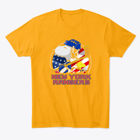 ye7l new york rangersnoopy and woodstock nhl classic t shirt 2 front gold