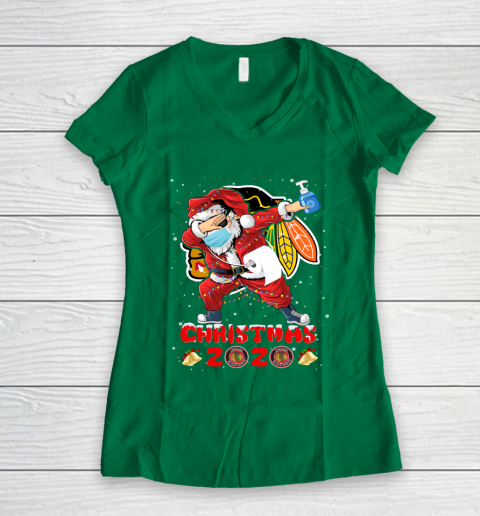 Chicago Blackhawks Funny Santa Claus Dabbing Christmas 2020 NHL Women's V-Neck T-Shirt 3