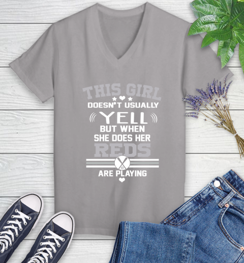 Cincinnati Reds MLB Baseball I Yell When My Team Is Playing Women's V-Neck T-Shirt 4
