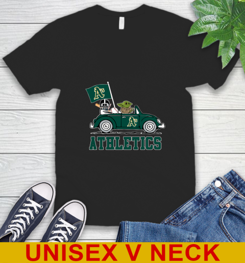 MLB Baseball Oakland Athletics Darth Vader Baby Yoda Driving Star Wars Shirt V-Neck T-Shirt 2