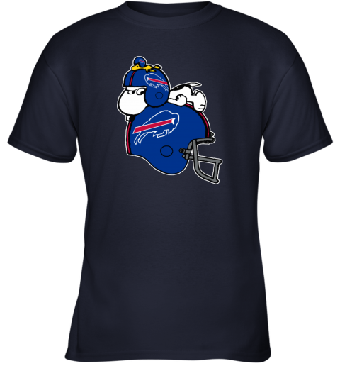 4469 snoopy and woodstock resting on buffalo bills helmet youth t shirt 26 front navy