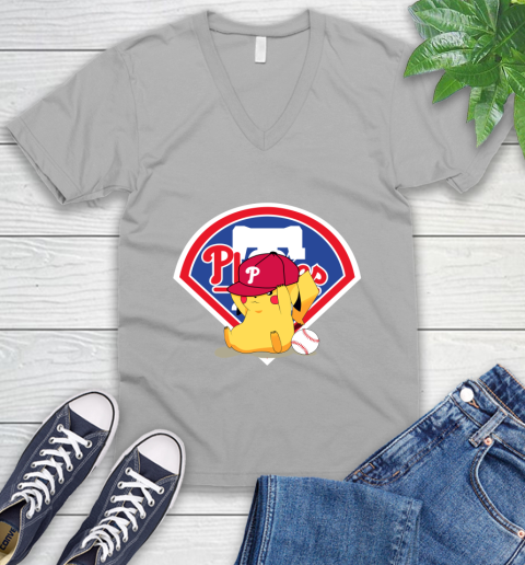 MLB Pikachu Baseball Sports Philadelphia Phillies V-Neck T-Shirt 4