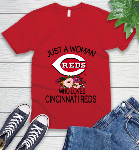MLB Just A Woman Who Loves Cincinnati Reds Baseball Sports V-Neck T-Shirt 4