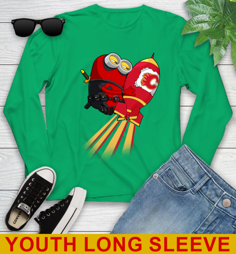 NHL Hockey Calgary Flames Deadpool Minion Marvel Shirt Youth Long Sleeve 7