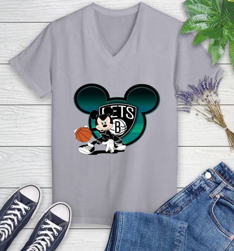 NBA Brooklyn Nets Mickey Mouse Disney Basketball Women's V-Neck T-Shirt 4