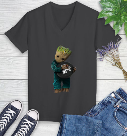 NHL Groot Guardians Of The Galaxy Hockey Sports Pittsburgh Penguins Women's V-Neck T-Shirt 8