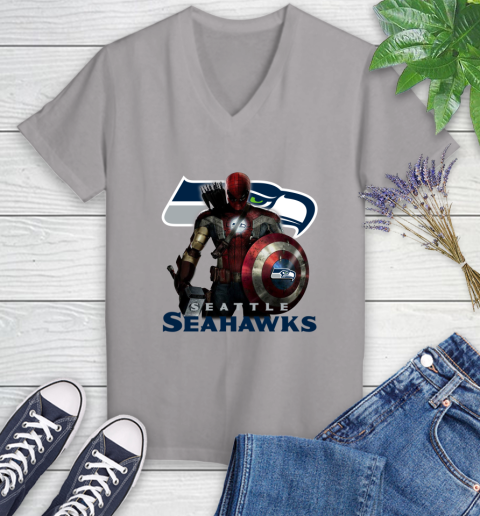 NFL Captain America Thor Spider Man Hawkeye Avengers Endgame Football Seattle Seahawks Women's V-Neck T-Shirt 4